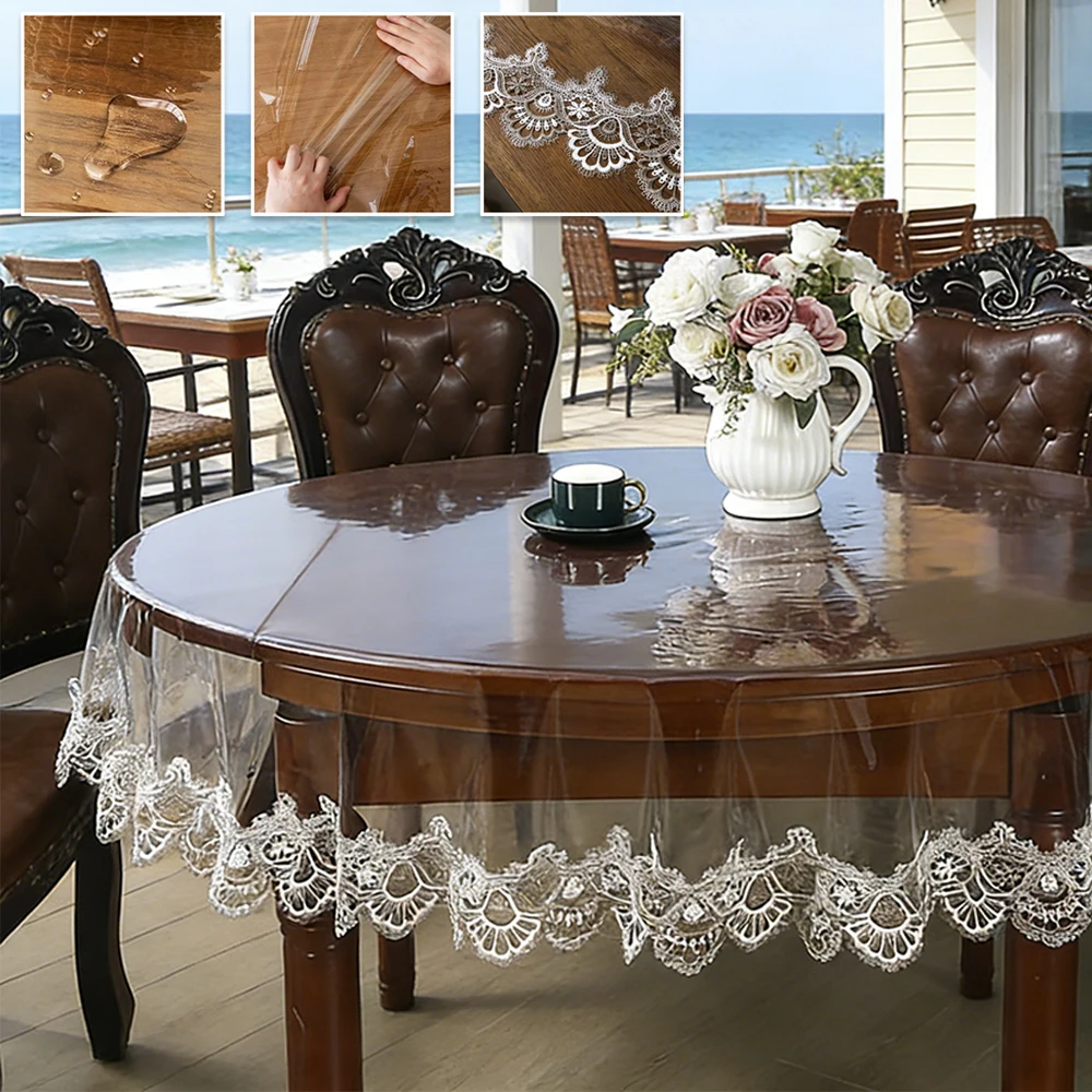

Waterproof Table Cover PVC Transparent Soft Dining Tablecloth Lace Embroidered Coffee Table Crystal Plate Oil-proof Tables Mat