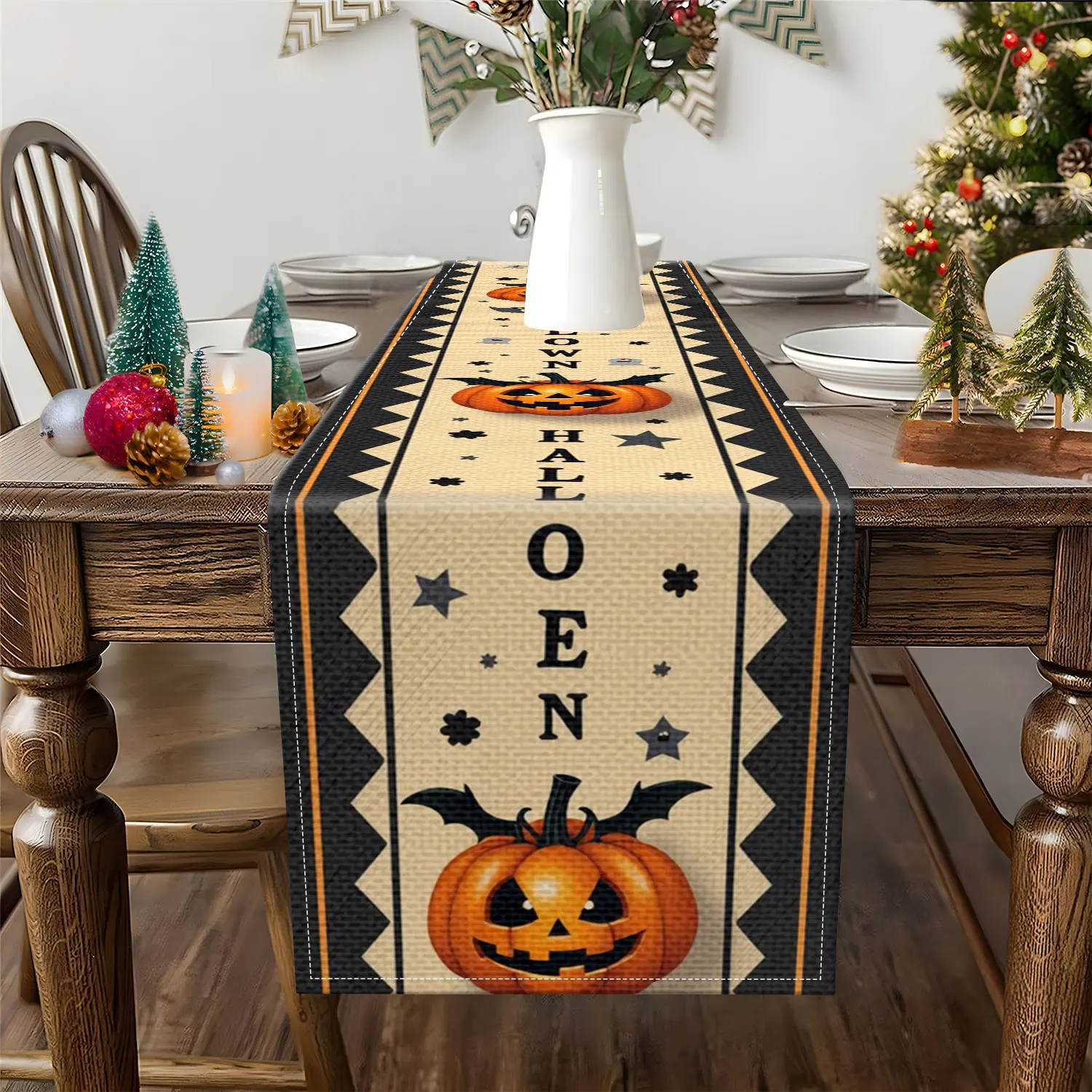 Halloween Pumpkin‑Print Table Runner, Festive Table Decor, Washable Table Runner