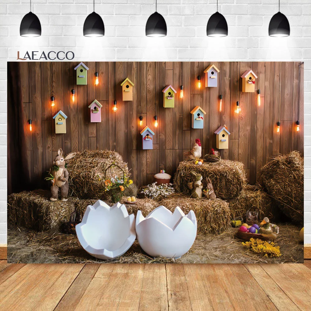 

Laeacco Wood Wall House Light Haystack Broken Shell Easter Eggs Rabbit Photography Backdrops Photo Backgrounds For Photo Studio