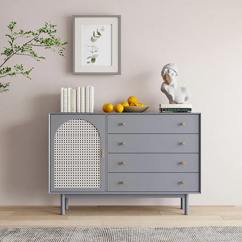 Nordic Solid Wood Simple Modern Dining Side Cabinet Japanese Rattan Storage High  Entrance Cabinet TV