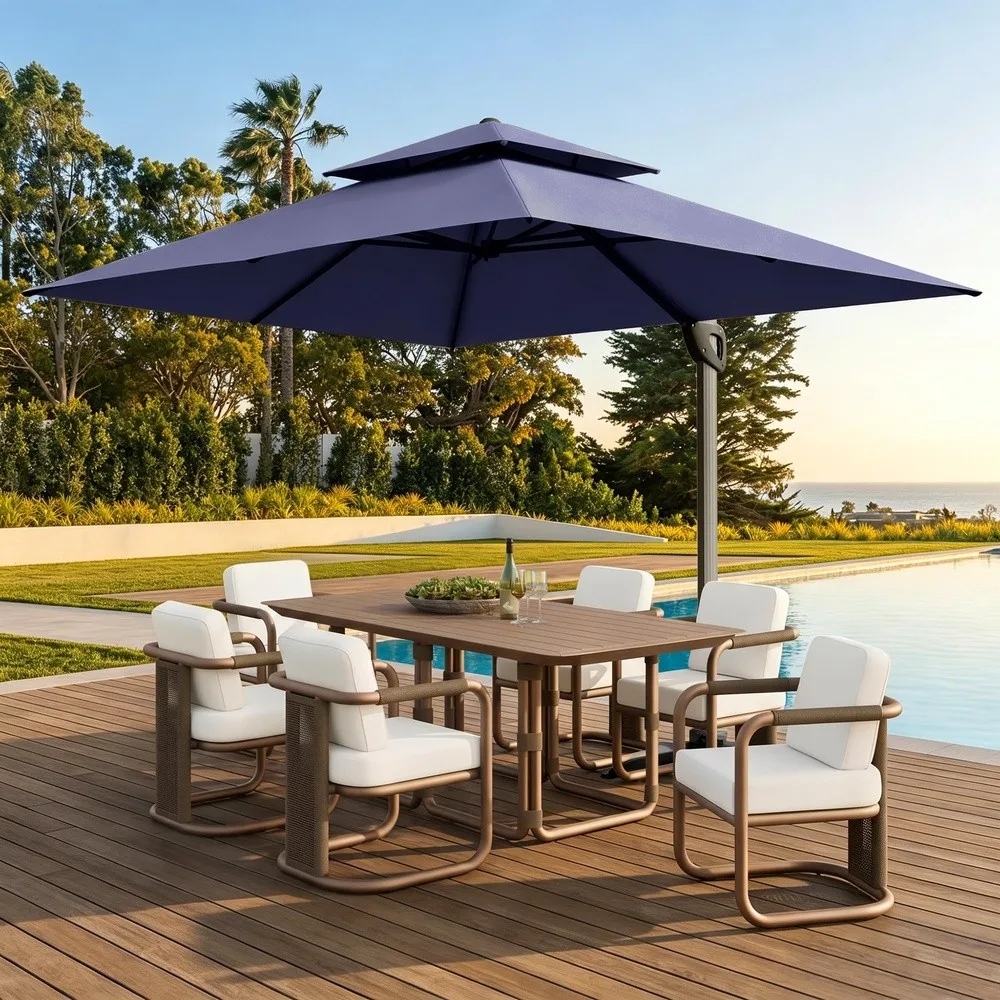 12ft Outdoor Cantilever Patio Umbrella with 360°Rotation Offset Navy