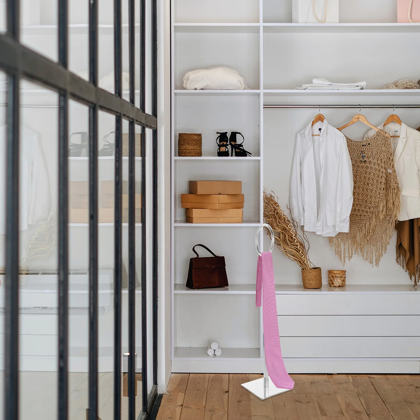

Silver Iron Scarf Rack Adjustable Height Tie Display Organizer for Store Space Saving Mirror Finish Metal Storage
