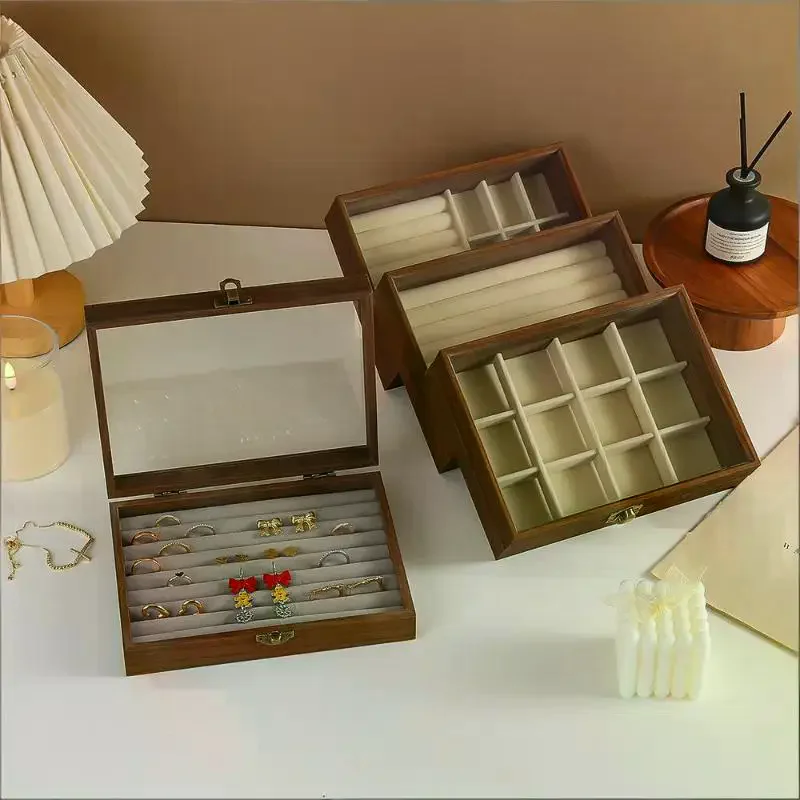 

Ретро коробка для хранения ювелирных изделий цвета орехового дерева с крышкой, пылезащитное кольцо, серьги, браслет, органайзер, шкатулка для драгоценностей