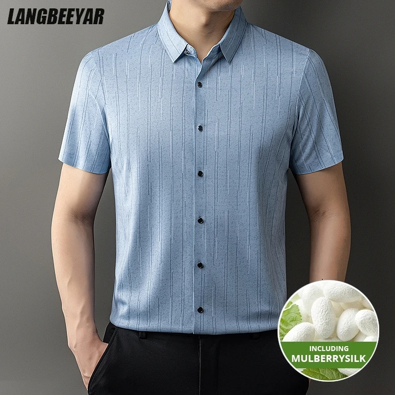 

Высший класс шелкового шелка против морщин, новая летняя брендовая приталенная рубашка с коротким рукавом в полоску, модная повседневная модная мужская одежда