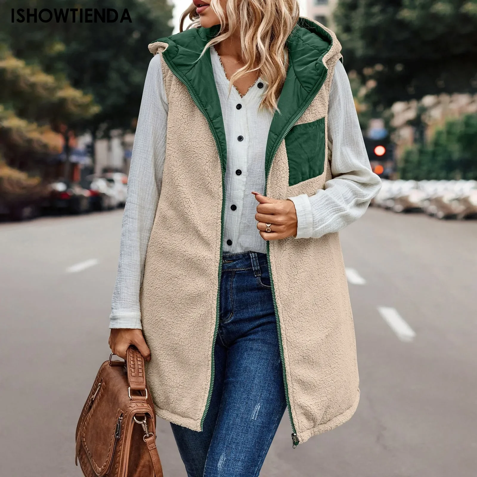 Gilet invernale da donna in pile con cappuccio reversibile senza maniche giacca da donna in finta lana gilet moda Street abbigliamento donna giacca