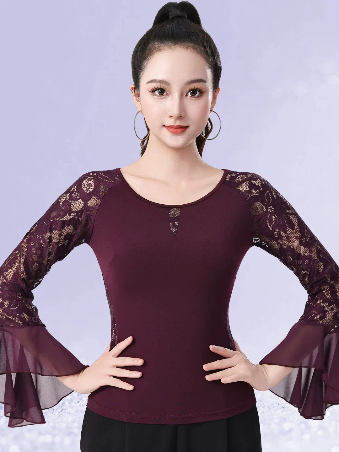 chemise-de-danse-a-manches-cloche-coupe-ajustee-col-rond-avec-empiecements-en-dentelle-pour-femmes-ideale-pour-le-fitness-le-danse-de-rue-et-pour-affiner-la-silhouette-tissu-tres-extensible