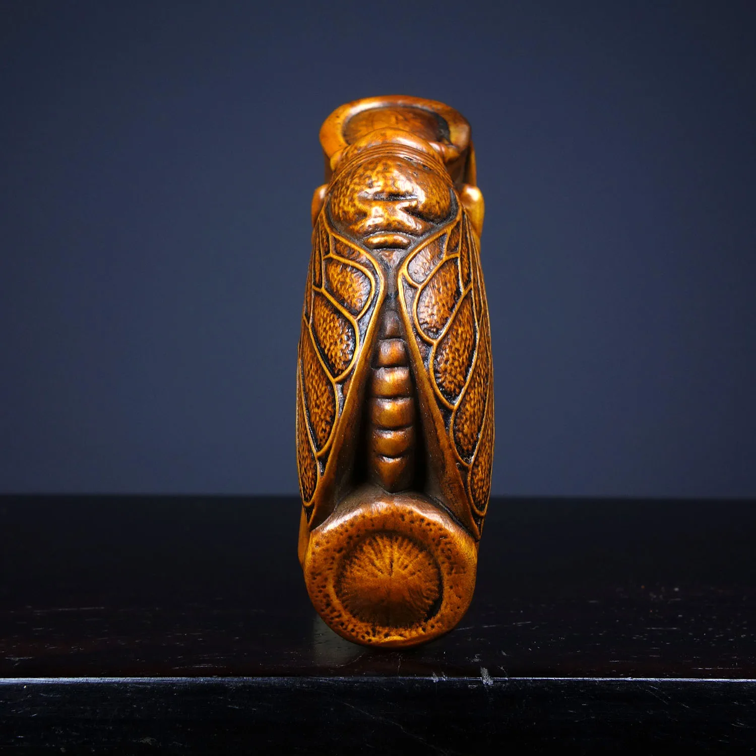 

3"Tibetan Temple Collection Old Boxwood Golden Cicada Statue Climbing bamboo cicada set the Thames a great coup Town house