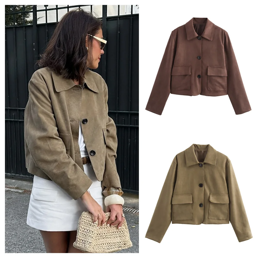 PB&ZA2024 Autumn New Women's Fashion, Simple, Versatile, High end Sensation Leather Suede Short Suit Jacket