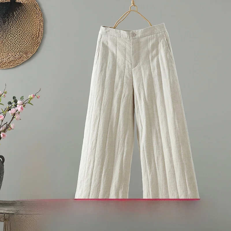 Thiened リネン ワイドレッグパンツ レディース ロングパンツ ゴムウエスト ゆったり カジュアル コットン ダウンジャケット インナー 取り外し不可