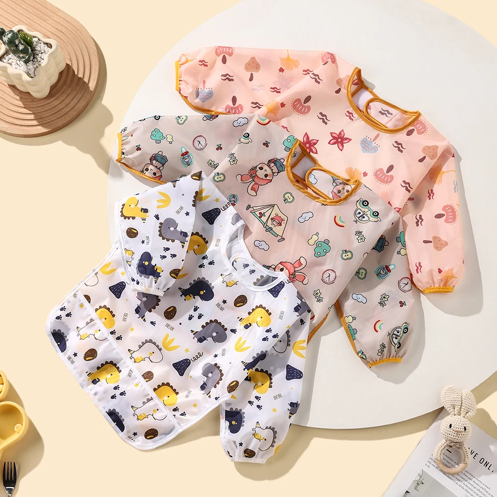 Cartoon patterned feeding bib, long sleeved cover, Velcro closure, suitable for children aged 2-6
