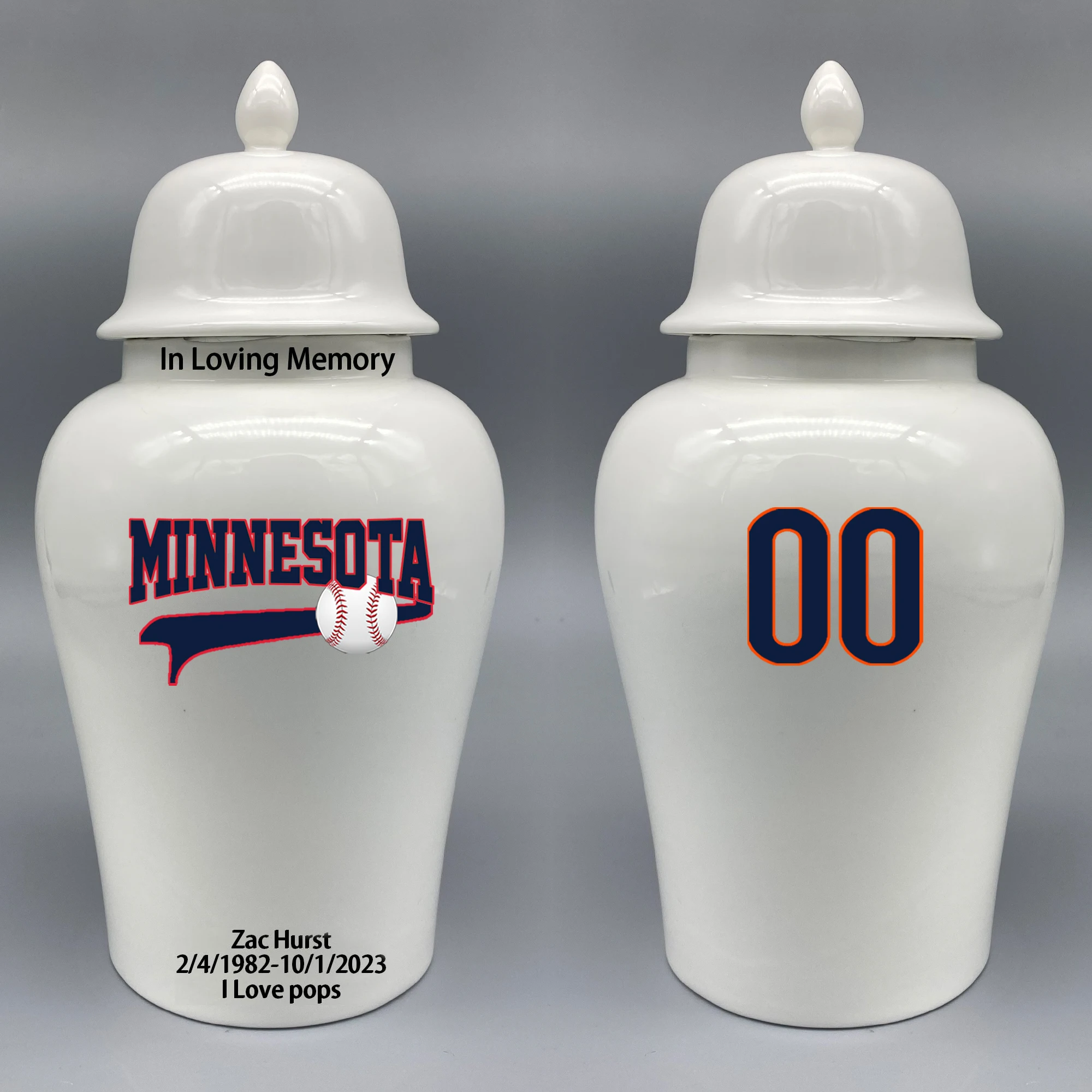 

Large Urn for Minnesota Twins-themed Logo Urn.Please send me the customize information-name/date and number on the urn