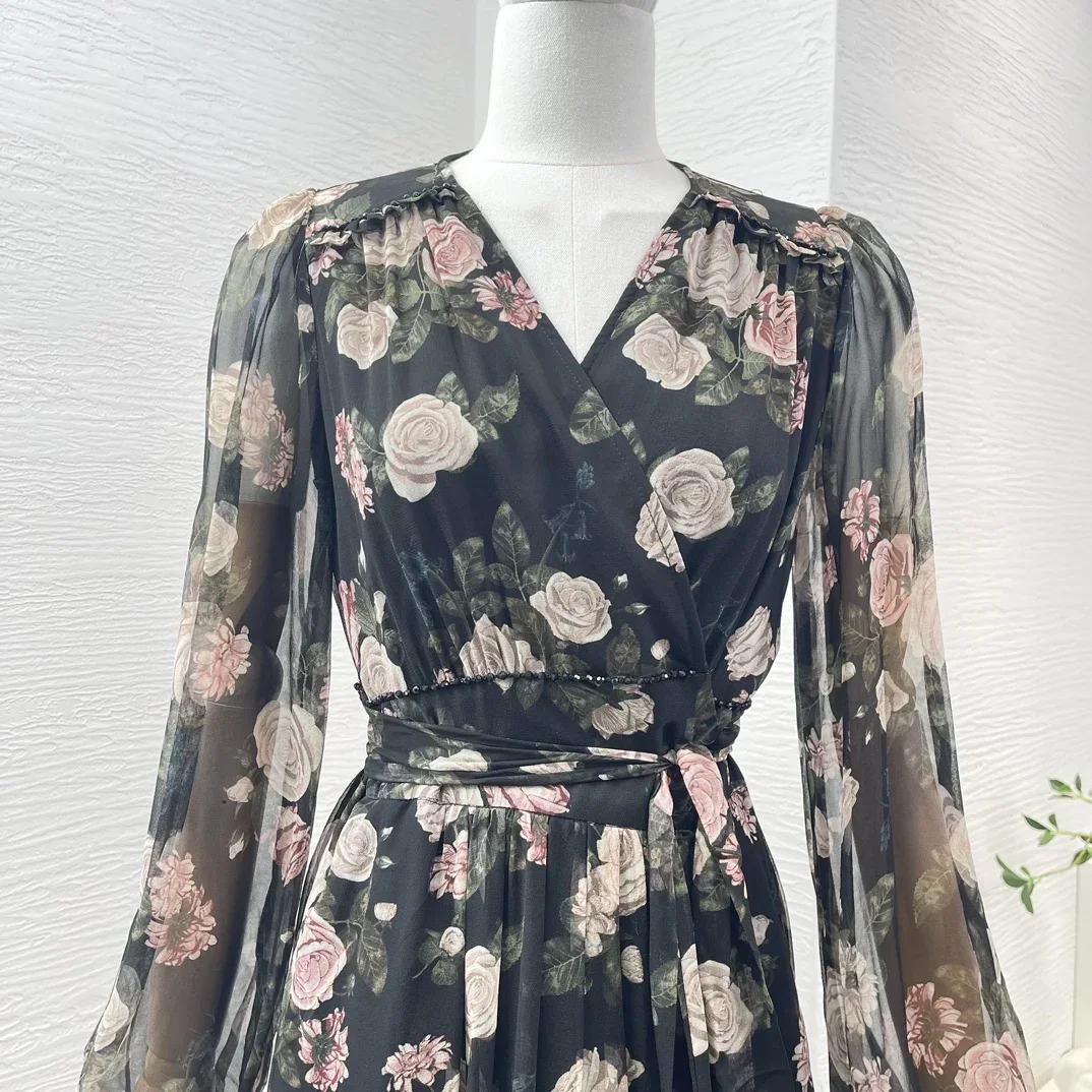 WorldCloset-vestido Midi con estampado de flores de peonía negra para mujer, manga larga, cinturón, envoltura, nueva ropa de alta calidad