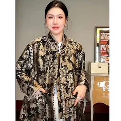 Autumn and Winter New Unique Design Stand Collar Silk Kirin Jacquard Border Retro Single Breasted Button+Pocket Top Female S-XL