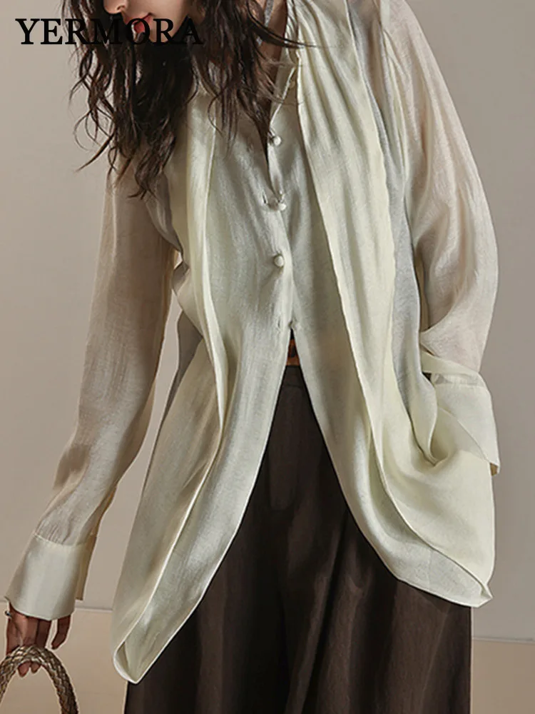 

YERMORA Apricot Fake Two Pieces Button Casual Blouse For Women O-neck Long Sleeve Loose New Shirt Fashion Spring Summer 2025