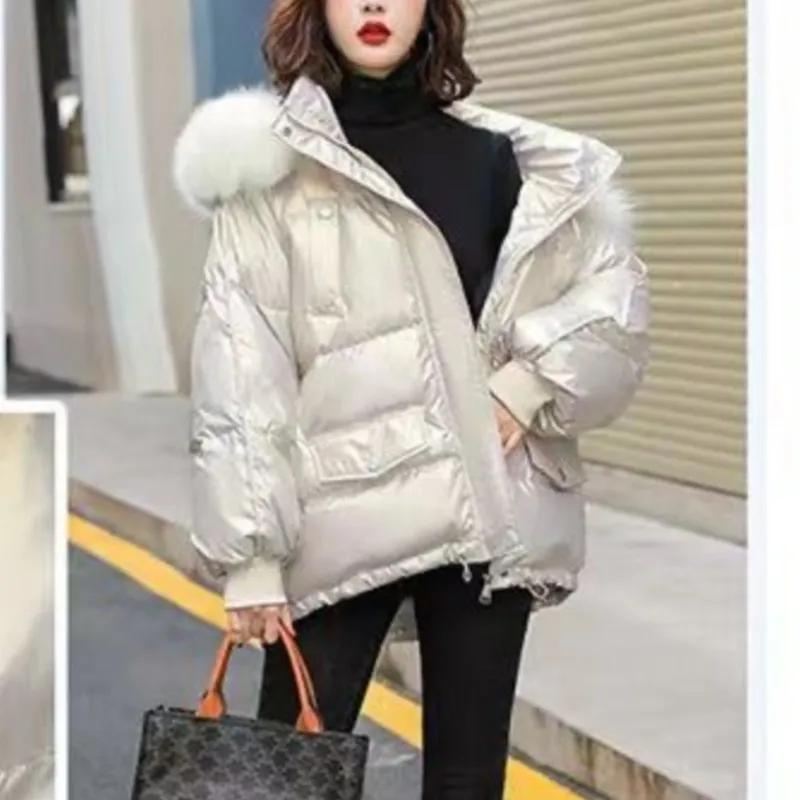 

Faux Fur Coat Fake Fox Fur Collar 2024 Winter Jacket Women Loose Short Down Coat White Duck Down Jacket Thick Warm Down Parka