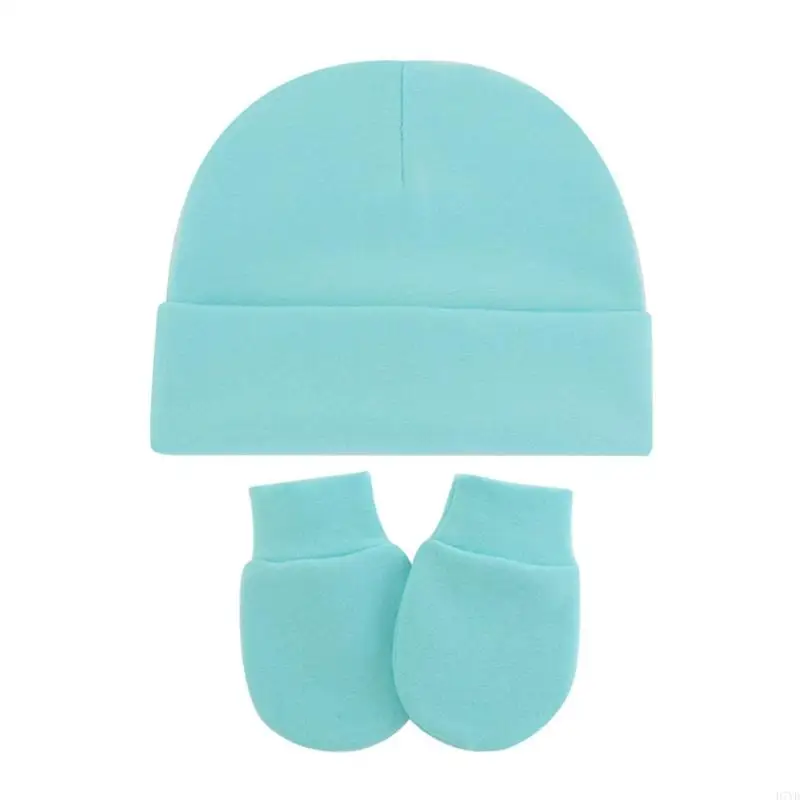 D7YD 2 Pcs 0-3 Months Baby Anti Scratching Gloves Hat Set Soft Knitted Cotton Comfy No Scratch Mittens Turban Beanie