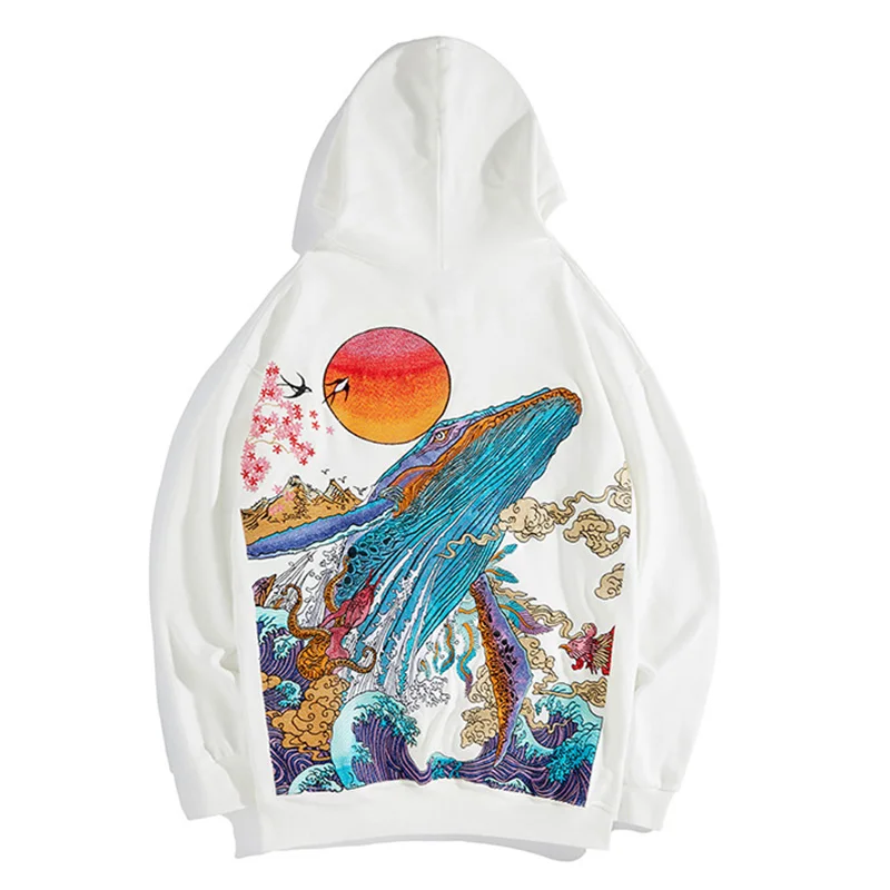 Whale Embroidery Men Cotton Hoodies Loose 2024 New Spring Autumn Unisex Casual Hoody Black / White