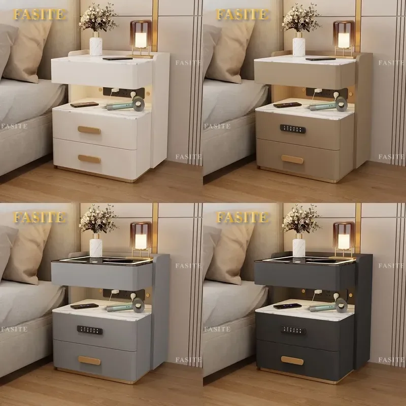 For Modern Home Luxury Smart Bedside Table with Socket Multi-functional Rock Slab Storage Nightstand High Sense Decor