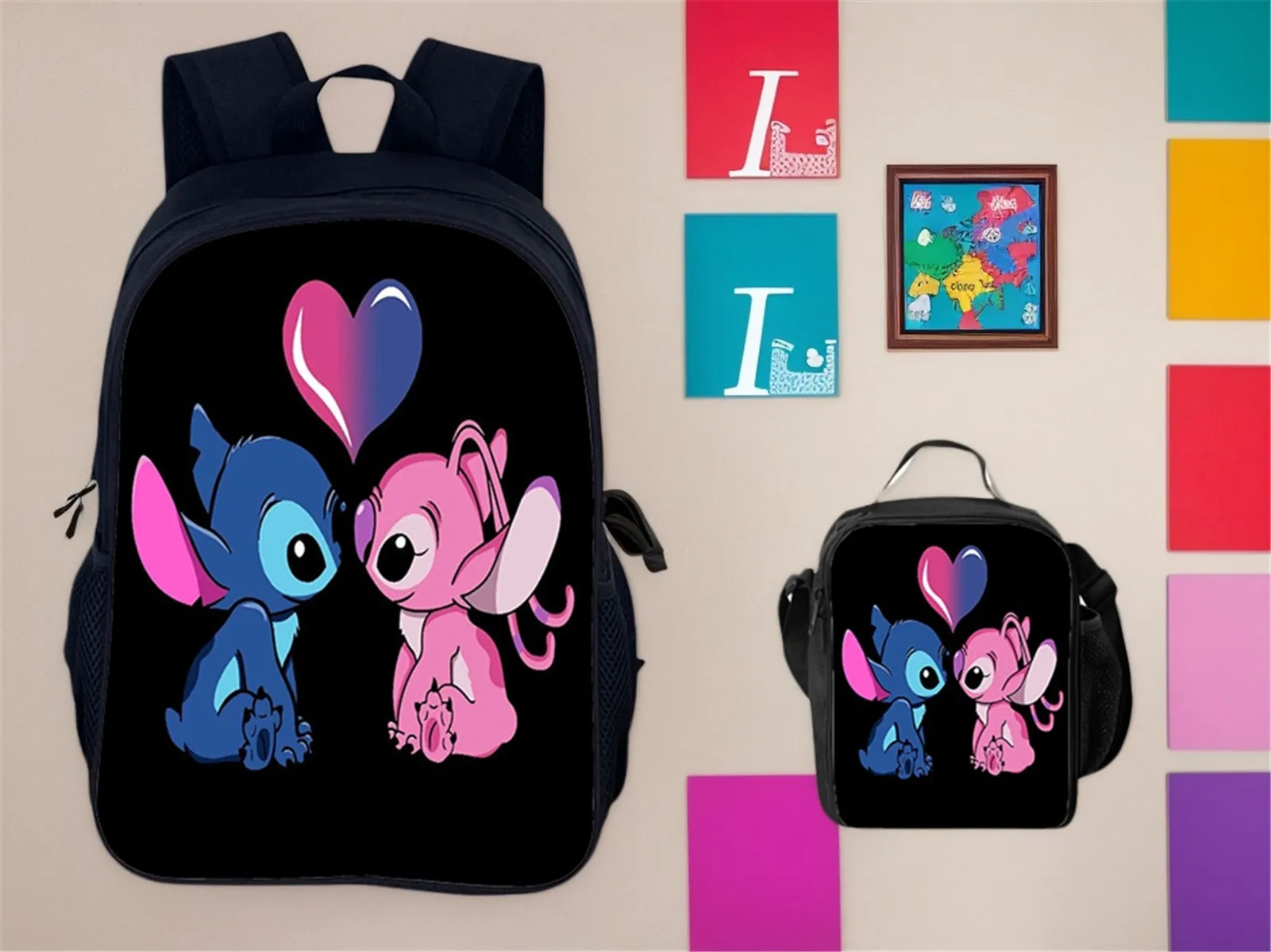 

2 in 1 School Backpack Set Basic Daypack-Kid Stitch Lightweight Bookbag+Cartoon Lunch Tote