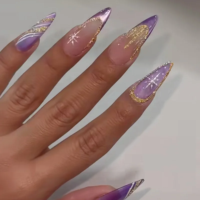 24Pcs Almond Head Xmas False Nails Full Cover Candy Snowflake Polka Dot Press-on Nails Diamond French Wearable Fake Finger Nail 5