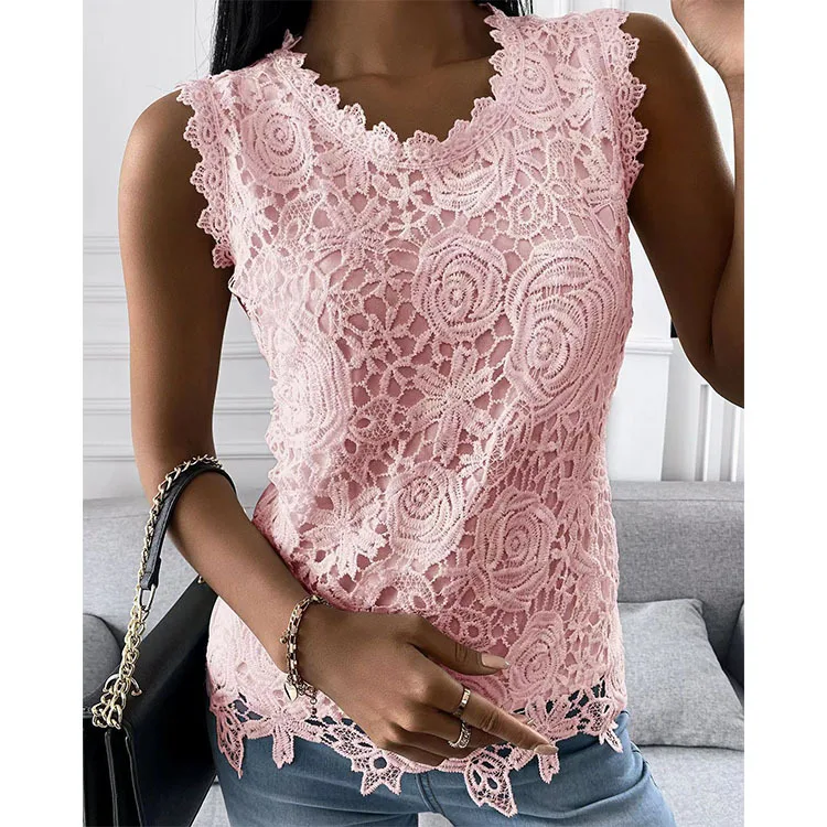 2024 Summer Fashion Ladies Lace Jacquard Sleeveless Casual Women Vintage T-Shirt S-5XL Floral Vest Camisole Halter Top