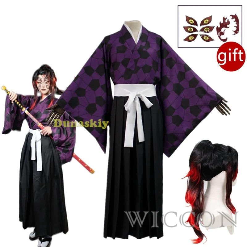 

Kokushibo Cosplay Costume Wig Anime Cosplay Purple Kimono Tsugikuni Michikatsu Wig Party Demon RolePlay Outfits Carnaval