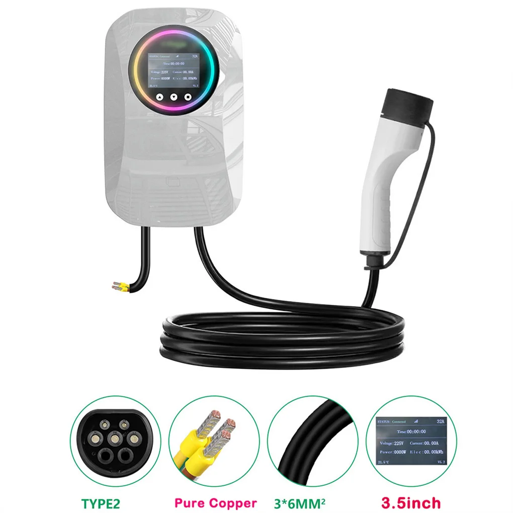 محطة شحن المركبات الكهربائية الجديدة الطاقة 5M 7KW 32A كابل شحن EV القياسي الأوروبي مع 2 جدول دعم بطاقة التمرير