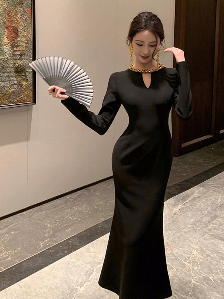 포멀한 행사용 블랙 롱 드레스 여성 의류 홀로우 O넥 슬림 피쉬테일 드레스 우아한 여성 패션 파티 프로모션 드레스 신상품