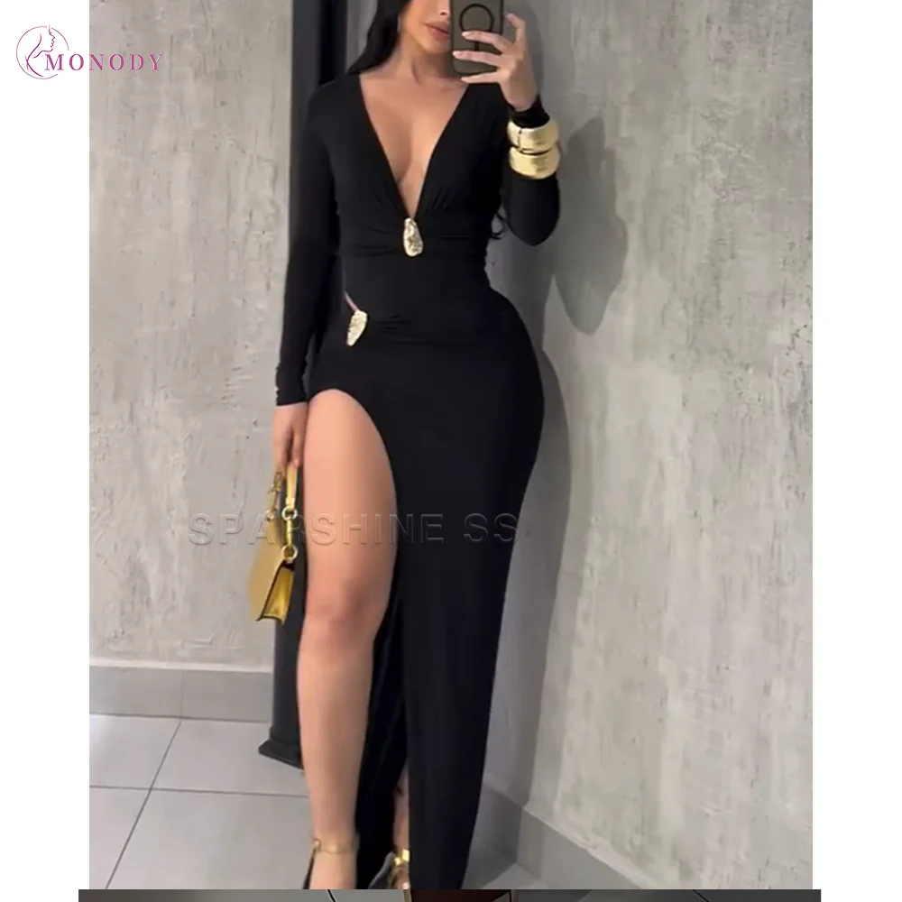 

Women's Deep V Neck Long-Sleeved Ruched Maxi Skirt Suit Elegant Slim Fit for Party Thigh High Split Sexy Club Party Long Dress