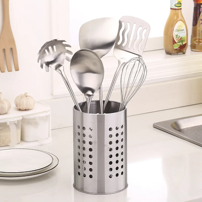 

E2 Stainless Steel Kitchen Utensils Holder Flatware Cylinder Silverware Draining Organizer Drying Rack Round Drain Holes Spoon