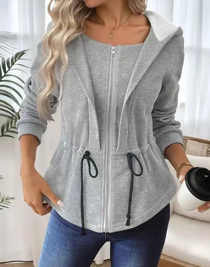 

Women's Coat Drawstring Waist Slimming Hooded Zippered Casual Sporty Cardigan Coat Simple Slim Comfortable and Elegant Coat