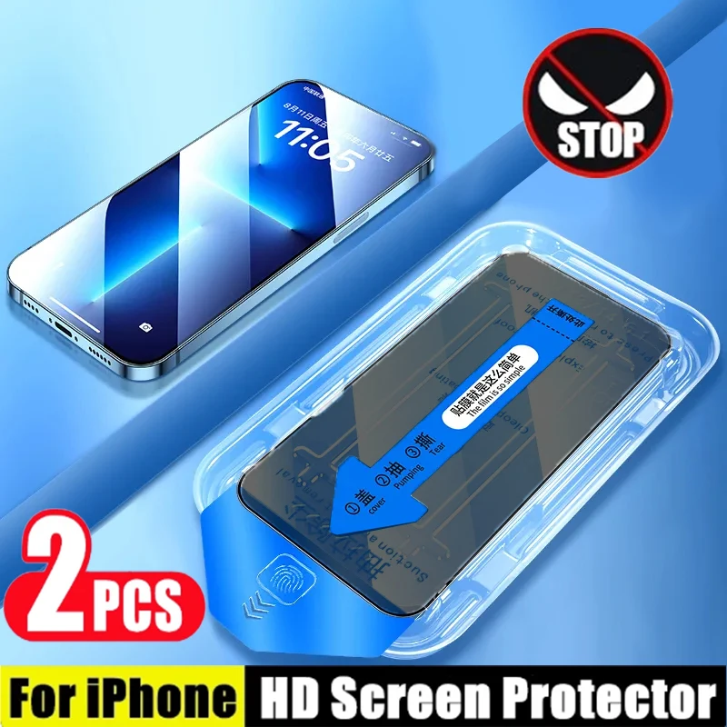 2Pcs Anti-Spy Glass Screen Protector For iPhone 15 14 13 12 11 Pro Max For iPhone 15 14 Pro Plus Install Auto-Dust Removal Kit