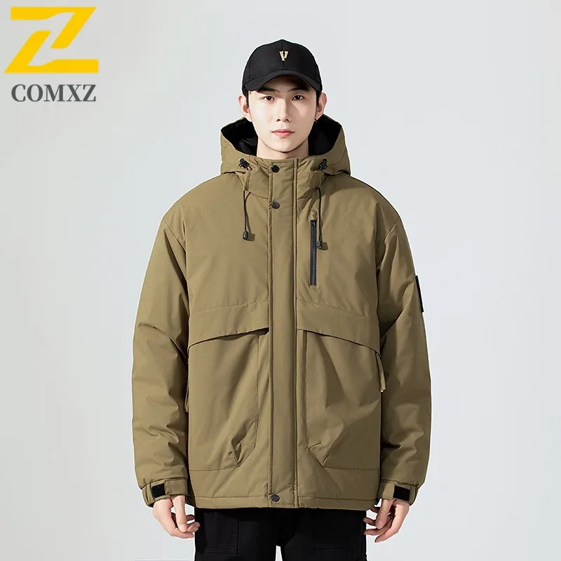 COMXZ Mens Stand Collar Fleece Lined Diamond Quilted Puffer Hooded Jacket Winter American Style Waterproof And Windproof Coat