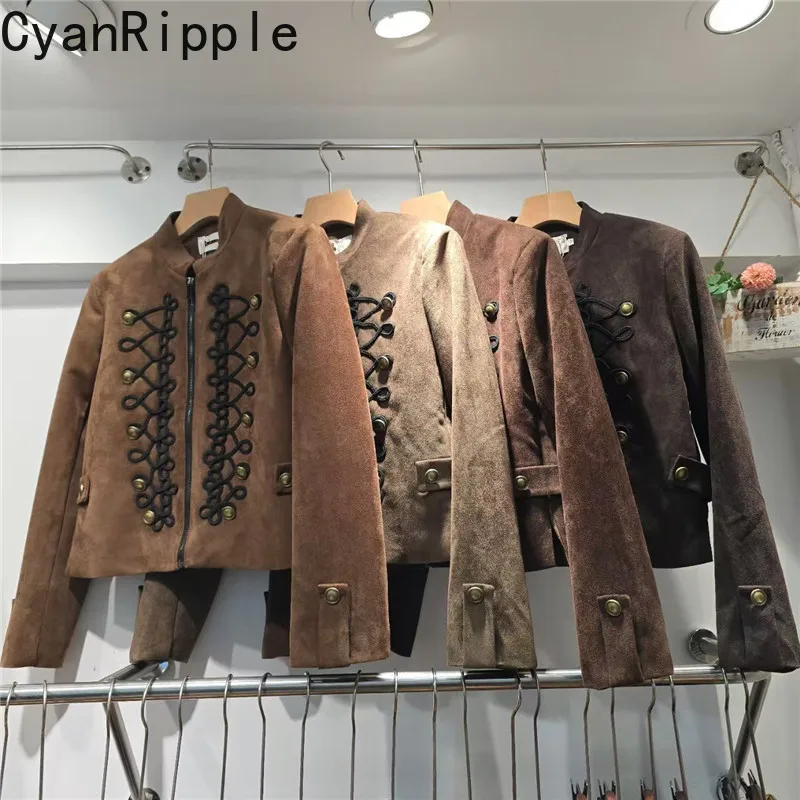 2026 New Autumn Vintage Stand Collar Motorcycle Jackets Short Zip Cardigans Top American Style Long Sleeve Brown Suede Coats