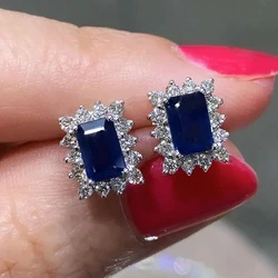 Huitan Exquisite Rectangular Blue CZ Stud Earrings for Women Elegant Bride Wedding Ear Accessories Silver Color Fashion Jewelry