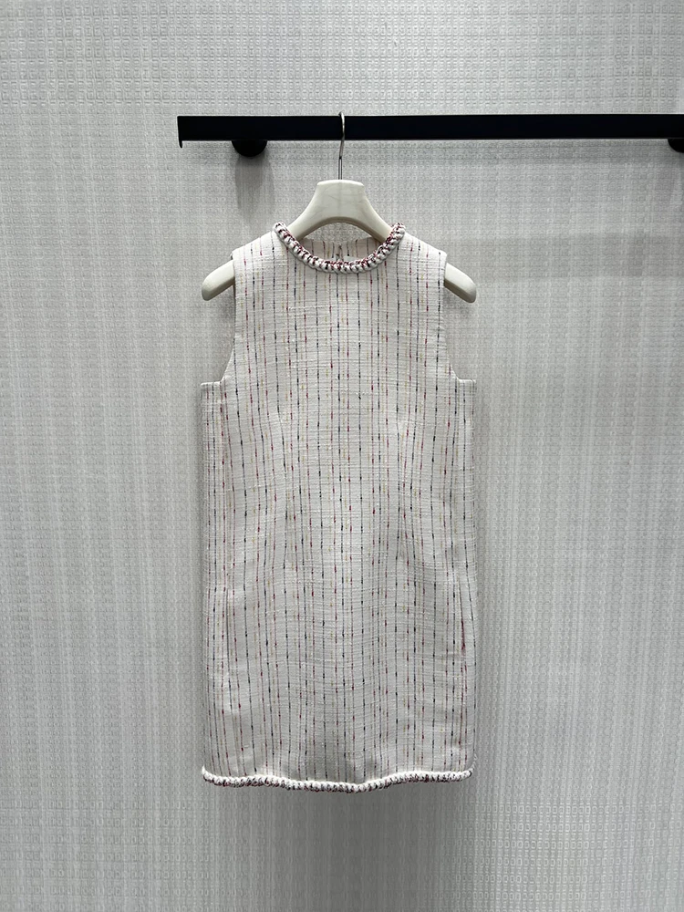 Summer Fashion Colored Threads Interwoven With Vertical Stripes Mini Dress Women's O-Neck Sleeveless Tweed Slim Short Dresses