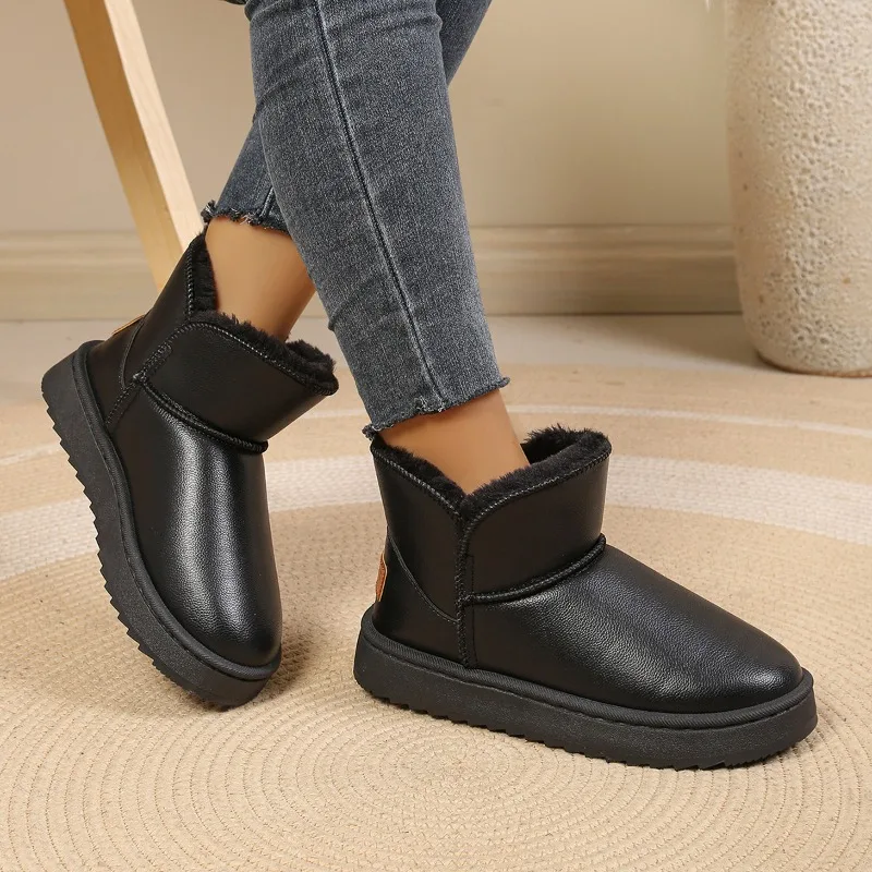 Women's Winter Thickened Cotton Shoes Korean Style Warm PU Surface Snow Boots Lined Booties Round Toe Flat Heel Short Boots