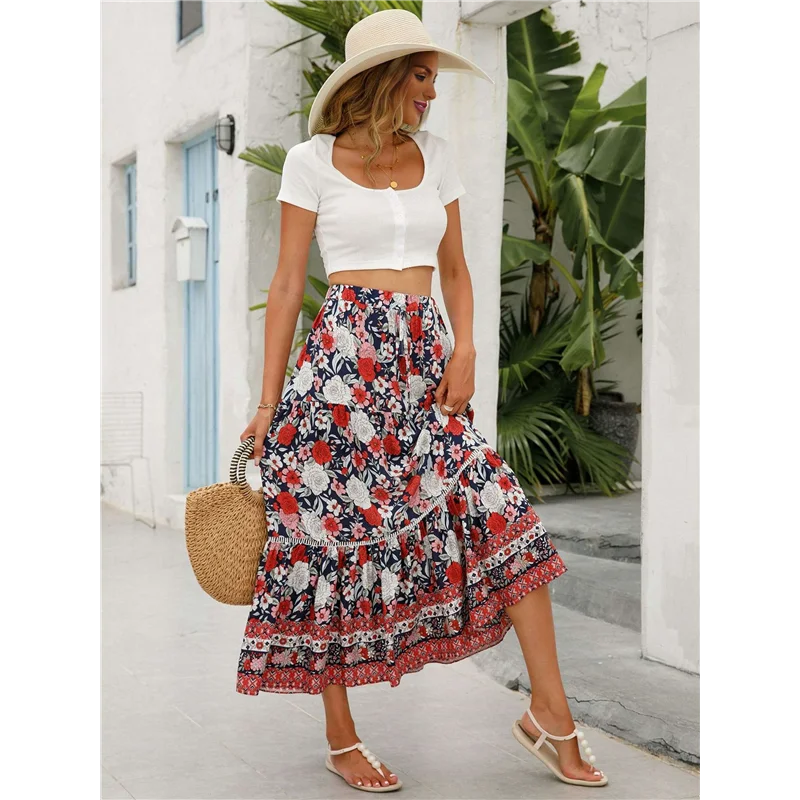 ABRT-Maxi Skirts For Women 2025 Summer Boho Long Flowy Floral Elastic High Waist Skirt Casual Travel Skirt