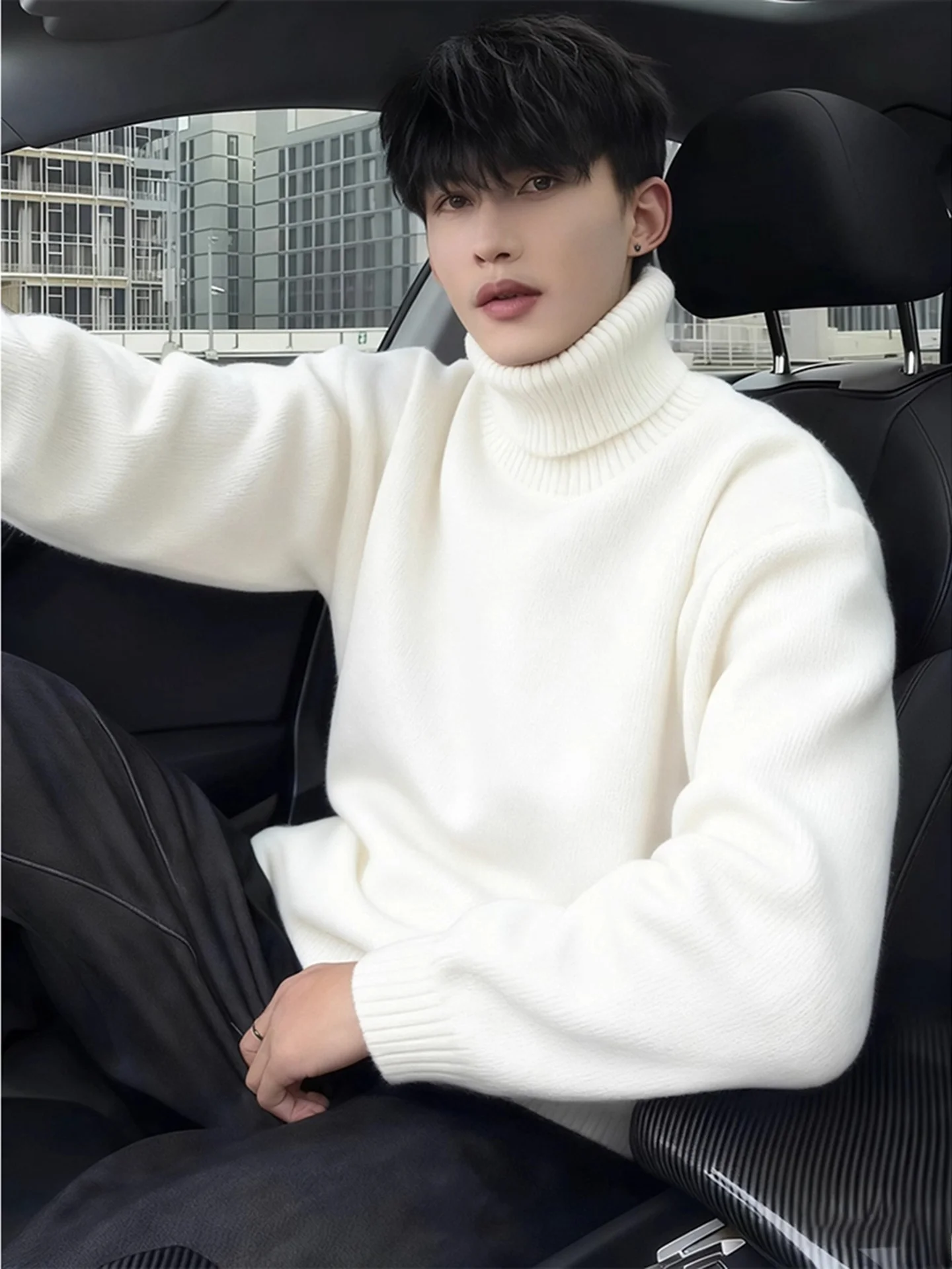 

Мужской вязаный свитер с высоким воротником на флисовой подкладке: теплый, повседневный, зимний, модный, мягкий, уютный, комфортный, свободного кроя