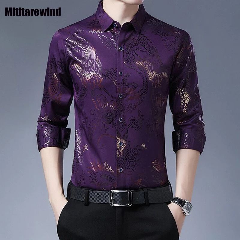 

Dragon Printed Shirt Male Spring and Summer Business New Shirts Lapel Long Sleeve Shirt Casual Fashion Middle-aged Men Clothing