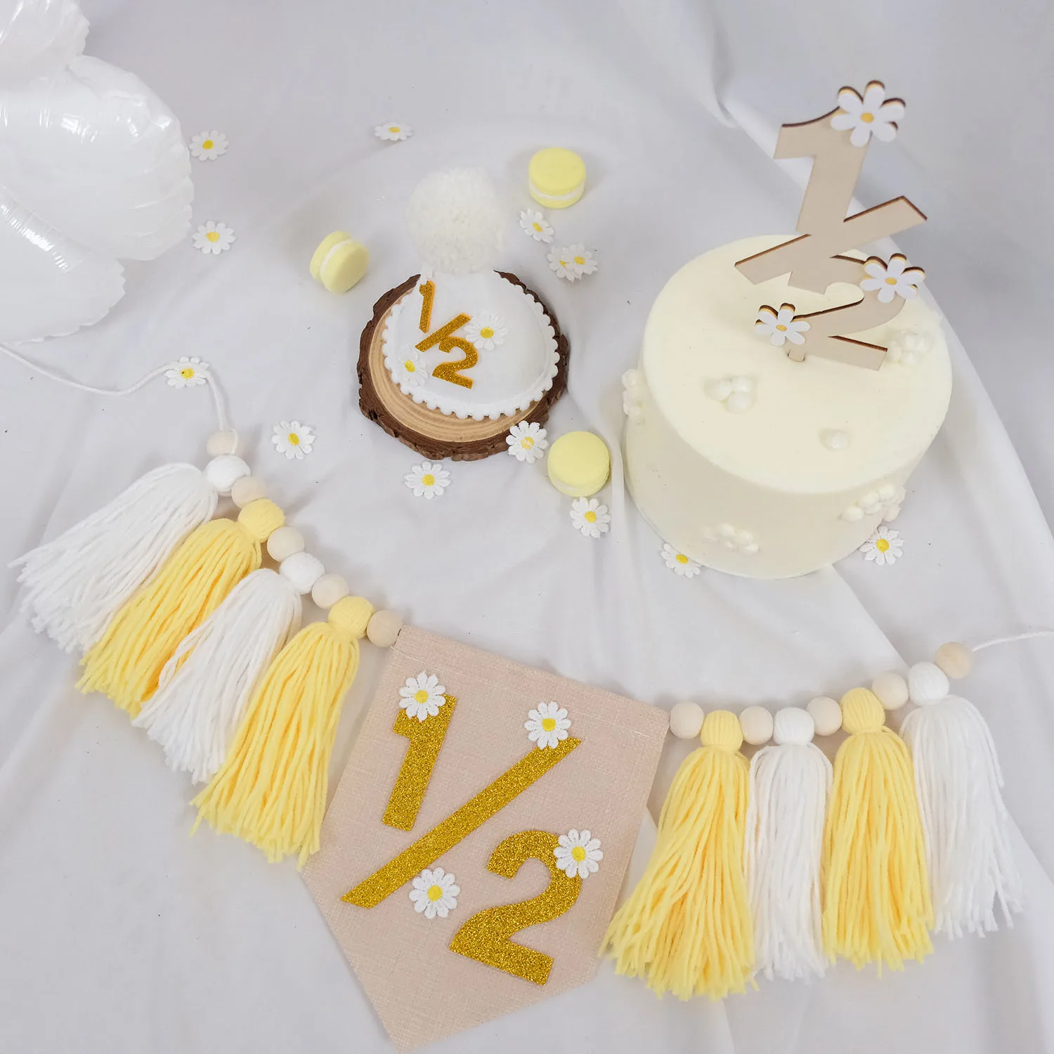 Gänseblümchen-Themen-Dekorationen für die 6. Geburtstagsfeier, Hochstuhl-Banner, Kränze, Gänseblümchen-Kegelmützen, Geburtstagstorten-Dekorationen – Detail 7