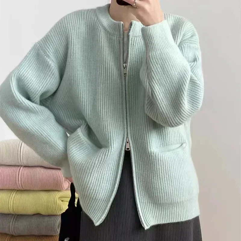 

Double Zipper Knitted Cardigan Loose O Neck Oversized Sweaters for Women Women's Sweater Jacket Autumn Winter Retro Solid Color