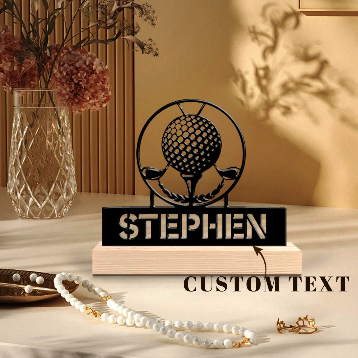 1 Stück Personalisierter Golfschläger mit Holzsockel und Metallkunst-Ornament, Dekoration für Zuhause, Büro, Hotel, Café, Club, Ideales Geschenk für Familie und Freunde