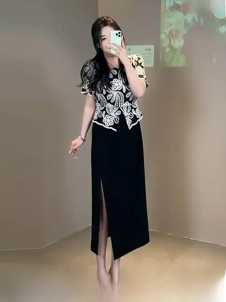 

Elegant Embroidered Maxi Dress for plus Size Women Heavy Work Summer New Style Commute Retro Slim Fit High Waist Polyester Co...