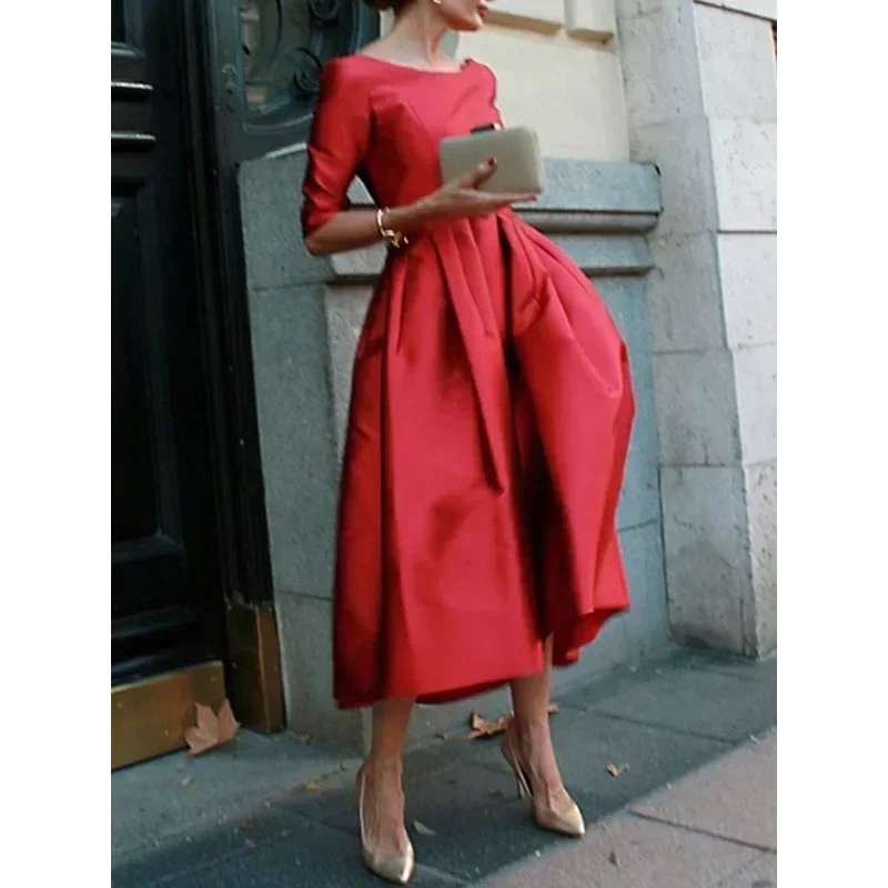 Modigirl Women  A-Line Long Sleeve Dresses Half Sleeves Round-Neck Pleated  Elegant Classical Evening Christmas Midi Dresses