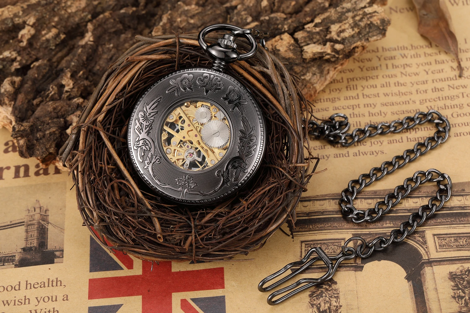 Black Hand-WInd Mechanical Pocket Watch Luxury Vintage Hollow Steampunk Men Watches Roman Numerals Clock With Chain Reloj Hombre
