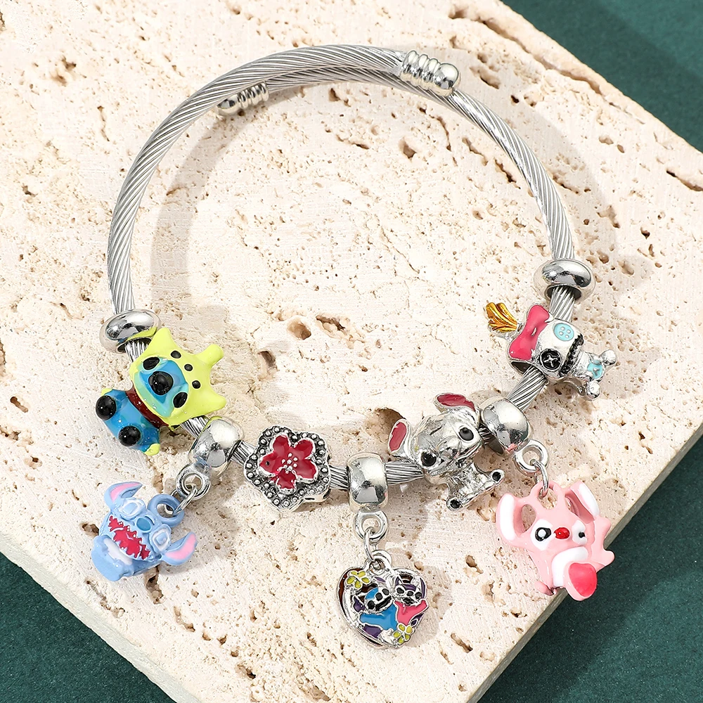 Cartoon Lilo & Stitch Inspired Bracelet DIY Stitch Pendant Crystal Beads Bangle for Women Party Jewelry Accessories Cosplay