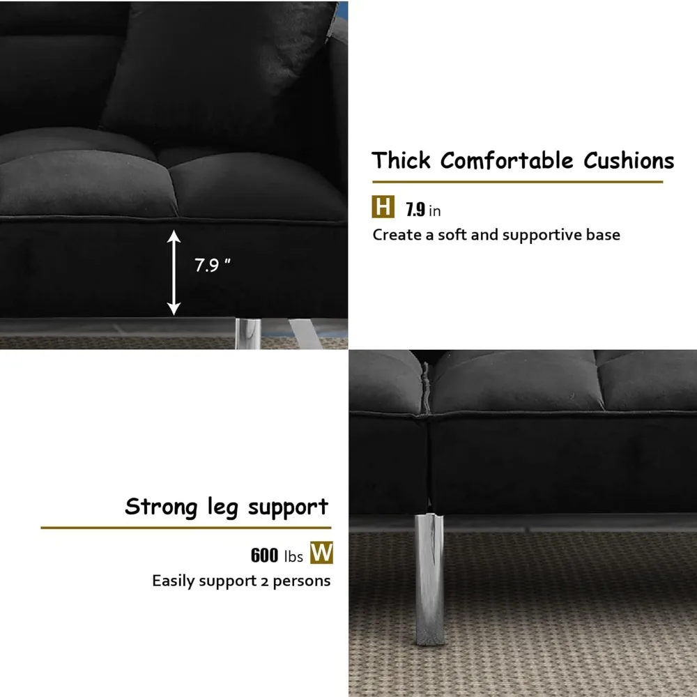 Modern Convertible Futon Sofá-cama, Folding Lounge Couch, Loveseat Daybed, sofá estofado com 2 travesseiros, sala e quarto, 74"