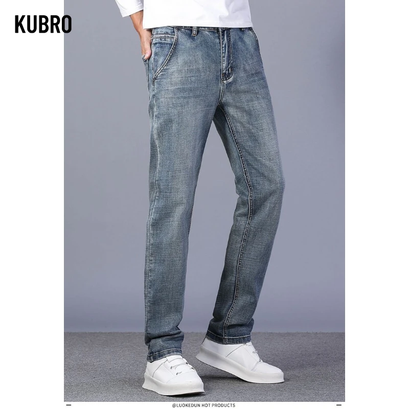 Celana Jeans Pria Vintage Straight-Leg Gaya Eropa Slim Fit Kasual Celana Denim Pria Berkualitas Tinggi Celana Denim Pria Empat Musim