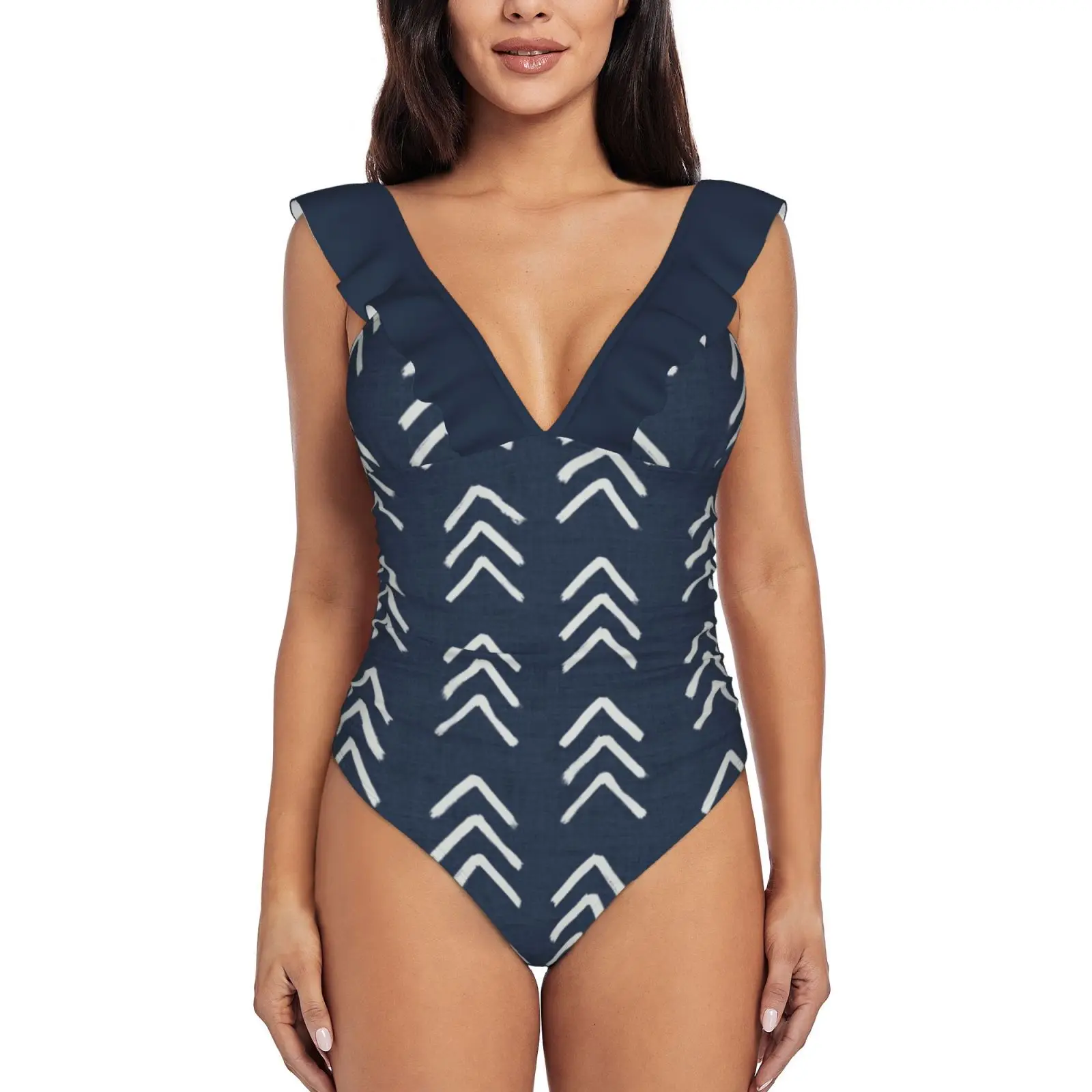 And Soft White Brushed Arrow Heads Pattern With Textured Monokini New Ruffle One Piece Swimsuit Female Sexy Swimwear Women